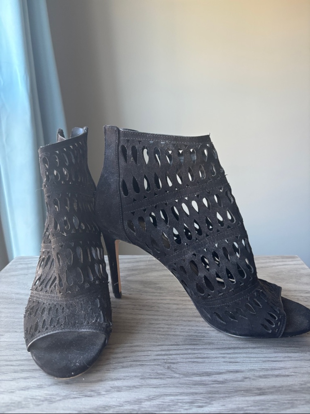 Women's Black Laser-Cut Peep-Toe Ankle Booties